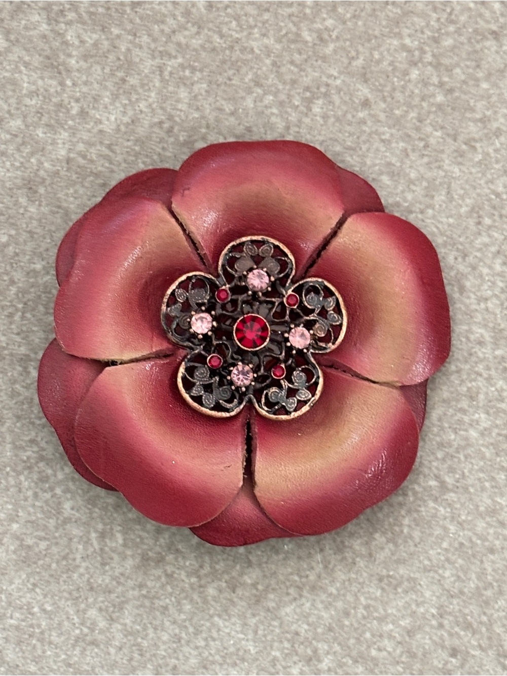 Leather Red Brown Floral Brooch with Gemstone Center